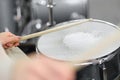 A close up of musician's hands. Drum kit playing.