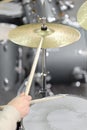 A close up of musician& x27;s hands. Drum kit playing.