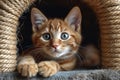 Close-up of the muzzle of a ginger kitten with gray-blue eyes that hid in a cat house Royalty Free Stock Photo