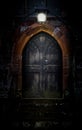 Close-up of mystical medieval wood entrance doorway portal in parallel worlds with ancient brick arc and glowing in the dark Royalty Free Stock Photo