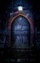 Close-up of mystical medieval wood entrance doorway portal in parallel worlds with ancient brick arc and glowing in the dark Royalty Free Stock Photo