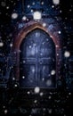Close-up of mystical medieval wood entrance doorway portal in parallel worlds with ancient brick arc and glowing in the dark
