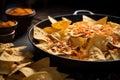 close-up of nacho chips and cheese in a skillet