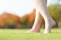 Woman`s barefeet walking on the grass.