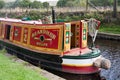 Close up of a narrowboat on the Huddersfield Narrow Canal, Diggle, Oldham, Lancashire, England, United Kingdom Royalty Free Stock Photo