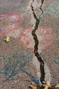 Close-up of a natural crack resembling an old tree trunk, enhanced with graffiti. Royalty Free Stock Photo