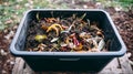 Close-up of natural, processed compost in a waste collection container with visible earthworms and waste residues. Royalty Free Stock Photo