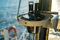 Close up of nautical marine magnetic compass on yacht or boat Royalty Free Stock Photo