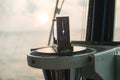 Close up of nautical marine magnetic compass on yacht or boat Royalty Free Stock Photo