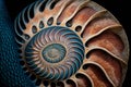 Close up of a nautilus shell revealing its intricate, technology, science