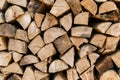 Close up neatly stacked split wood pile background