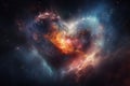 close-up of a nebula heart, with bursts of colorful light and stars in the background