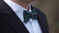 Close-up on nerd, man in bow tie. Man`s hands touches bow-tie on a suit or tuxedo. man in a shirt and bow tie