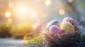 A close up of a nest with colorful easter eggs, AI