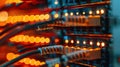 Close-up of network cables connected to a server with glowing lights. The scene illustrates modern technology and data Royalty Free Stock Photo