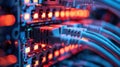 Close-up of network cables connected to a server with glowing lights. The scene illustrates modern technology and data Royalty Free Stock Photo