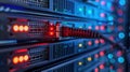 Network Cable Connected to Server Rack Ports with Blinking Lights and Bokeh Background Royalty Free Stock Photo