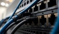 Close up of network server with cables connected to ports Royalty Free Stock Photo