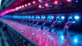 CloseUp of Network Server with Glowing LED Lights and Connected Ethernet Cables in Data Center