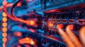 Close-up of Network Server with Glowing Red Cables Royalty Free Stock Photo