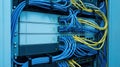 Close-up of network server rack with blue and yellow cables connected to multiple devices in a data center Royalty Free Stock Photo