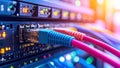 Close-up of network server rack with connected cables and data transfer lights. Royalty Free Stock Photo