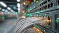 Close-up network switch with glowing cables in data center. AI Generated. Royalty Free Stock Photo