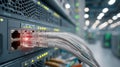 Close-up network switch with glowing cables in data center. AI Generated. Royalty Free Stock Photo