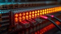 Close-up of a network switch with glowing lights and ethernet cables plugged in Royalty Free Stock Photo