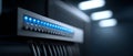 Close-up of network switch with illuminated blue LED lights and connected Ethernet cables in a dark server room environment Royalty Free Stock Photo