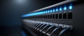 Close-up of network switch with multiple ethernet cables connected and blue indicator lights in a dark server room environment Royalty Free Stock Photo
