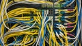 Close-up of a network switch with numerous colorful ethernet cables connected, illustrating complex data infrastructure Royalty Free Stock Photo