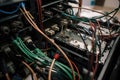 close-up of networked sensors and monitoring equipment, with wires and cables visible