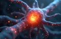 Close up of a neuron cell. Red glowing energy pulses within the nerve cell body and dendrites. Microscopic view of brain activity Royalty Free Stock Photo