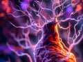 Close-up of neurons and synopses of the brain in purple light in the background, microscopic photo. AI generated Royalty Free Stock Photo