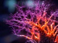 Close-up of neurons and synopses of the brain in purple light in the background, microscopic photo. AI generated Royalty Free Stock Photo