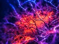 Close-up of neurons and synopses of the brain in purple light in the background, microscopic photo. AI generated Royalty Free Stock Photo