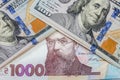 Close-up of a new banknote of 1000 hryvnias and dollars, financial background.