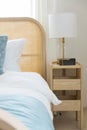 New bed comfort with decorative pillows ,headboard and side table lamp. Royalty Free Stock Photo