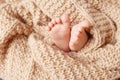 Close up of new born baby feet on knitted plaid in a wattled basket. Soft newborn baby heel. Baby. Cozy. Family