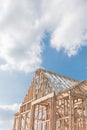 Close-up new build gables roof wooden truss, post, beam framework Royalty Free Stock Photo