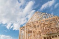 Close-up new build gables roof wooden truss, post, beam framework Royalty Free Stock Photo