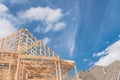 Close-up new build gables roof wooden truss, post, beam framework