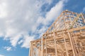 Close-up new build gables roof wooden truss, post, beam framework Royalty Free Stock Photo