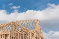 Close-up new build gables roof wooden truss, post, beam framework Royalty Free Stock Photo