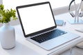 Close up of new designer office desktop with white mock up computer screen, decorative vase with plant, other objects and window Royalty Free Stock Photo