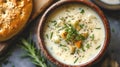 Close-up of New England Clam Chowder with croutons and parsley in a ceramic bowl. Thick creamy soup of shellfish and Royalty Free Stock Photo