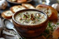 Close-up of New England Clam Chowder with croutons and parsley in a ceramic bowl. Thick creamy soup of shellfish and Royalty Free Stock Photo