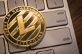 Cryptocurrency gold Litecoins on keyboard.