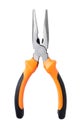 Close up new metal pliers, orange and black rubber grip. Used for bending Royalty Free Stock Photo